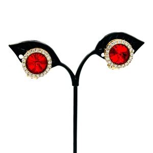 Vintage Ruby Red Crystal Halo Clip-On Earrings